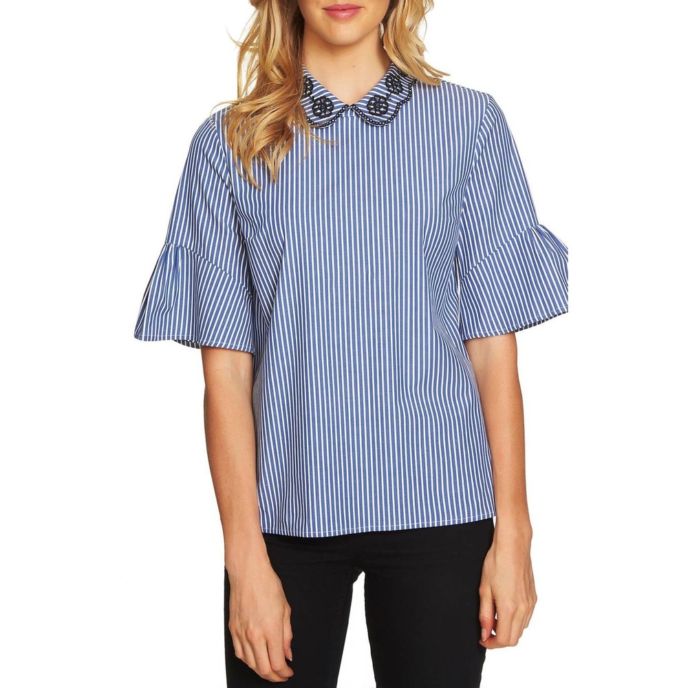 CeCe Striped‎ Embroidered Peter Pan Collar Flutter Sleeve Size Small